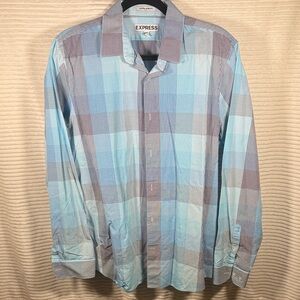 Express Large Men's Checkered Blue and Gray Dress Shirt